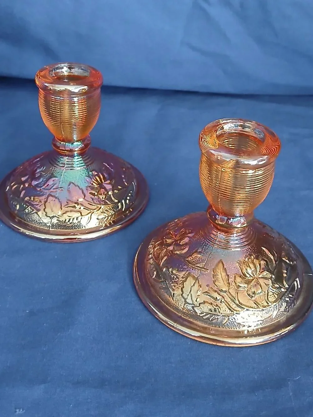 Vintage Imperial Glass Lustre Rose Marigold Candleholder Pair 1960s